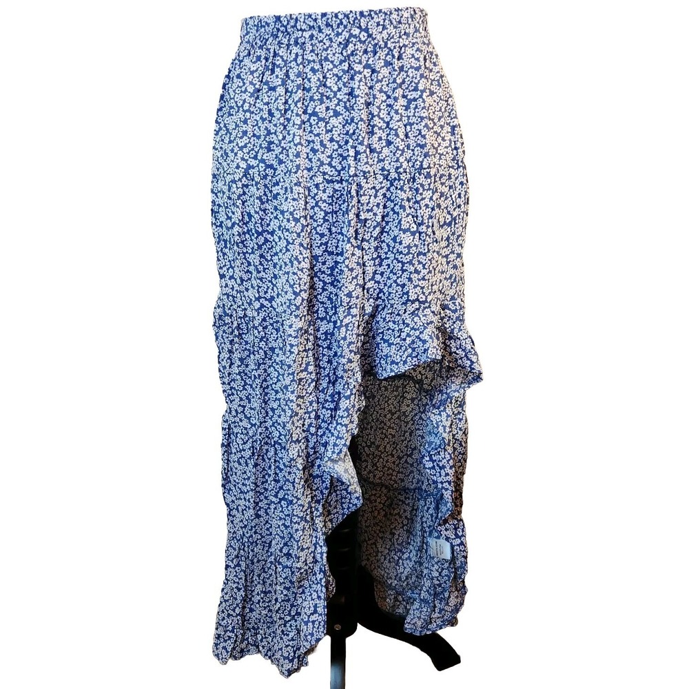 NWT Rumor Womens Maxi Skirt Size 12 Blue Floral Ruffle Tiered High Slit Boho
